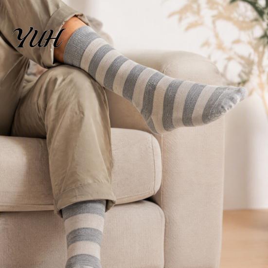 Comfortable Business Dress Socks 1 Pair Men's Stripe Crew Socks, Mid-Calf for Business, Large Size Casual Breathable Cotton with High-Elastic