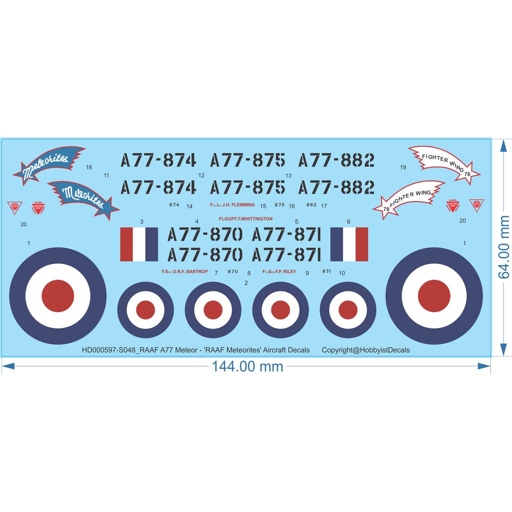 RAAF A77 Meteor - 'RAAF Meteorites' Aircraft Decals - 1/32 1/48 1/72 1/144 - WD - Waterslide, 1/32