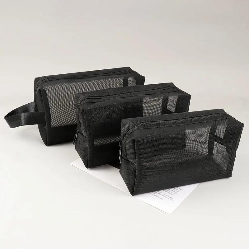 Women Wash Toiletry Bag Makeup Organizer Portable Storage Pouch Travel Black Nylon Mesh Makeup Bag Mesh Cosmetic Bag Zipper Makeup Bag For