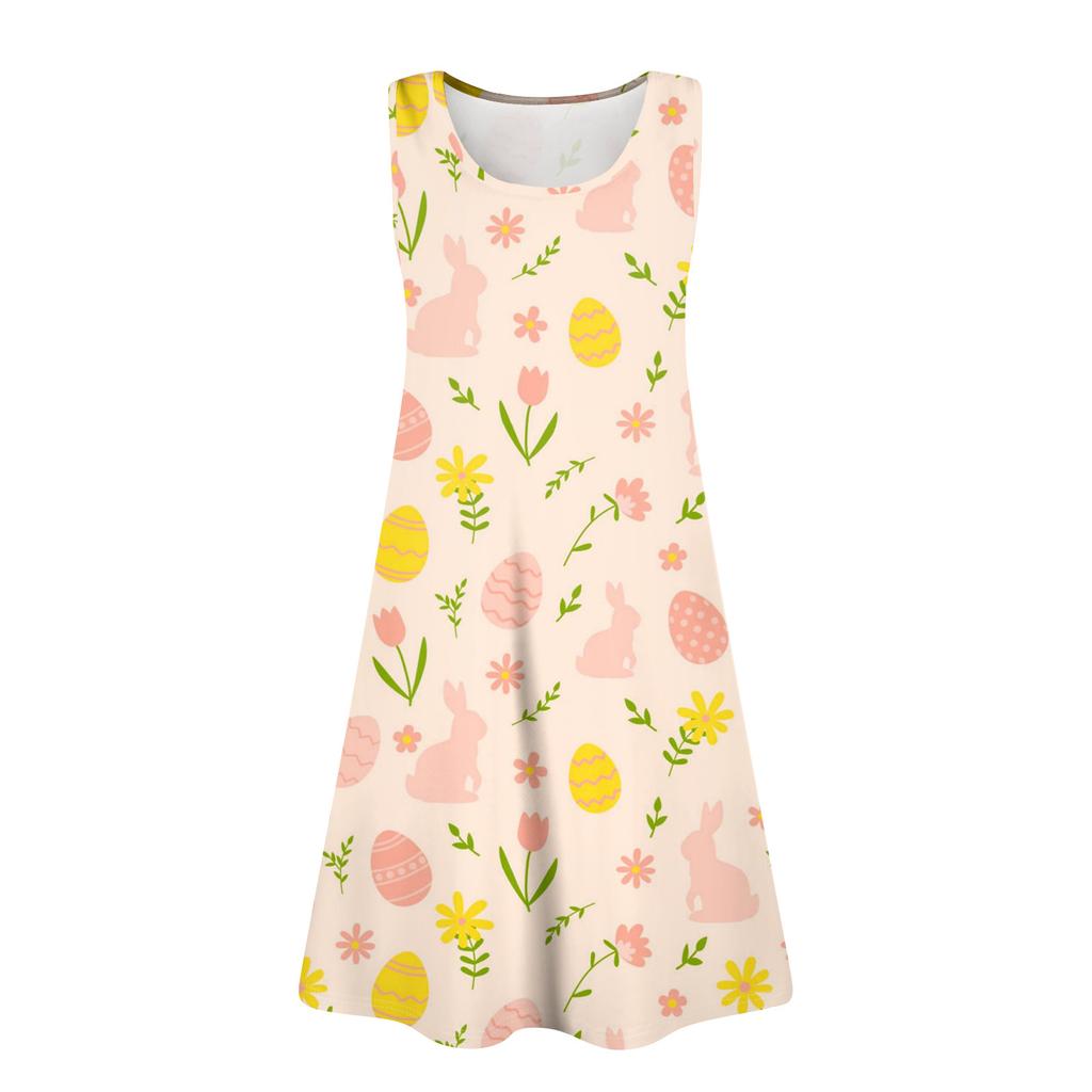 Womens Summer Dresses Easter Print Loose U Neck Sleeveless Sundresses Dress With Pockets