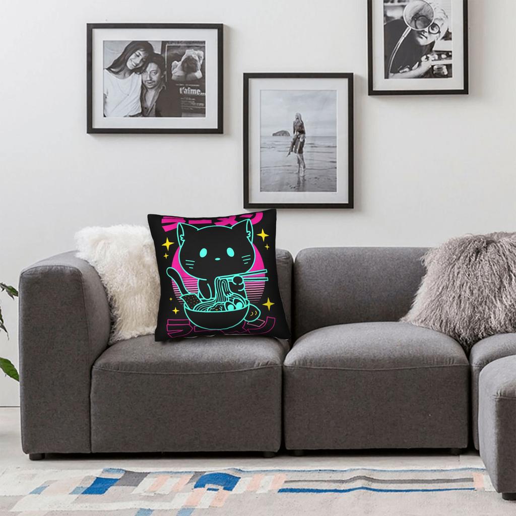 Ramen Cat Retro Japanese Noodles Pillow Cover Retro Trendy Pillow Case For Living Room Bed Chair Graphic Pillowcases Gift