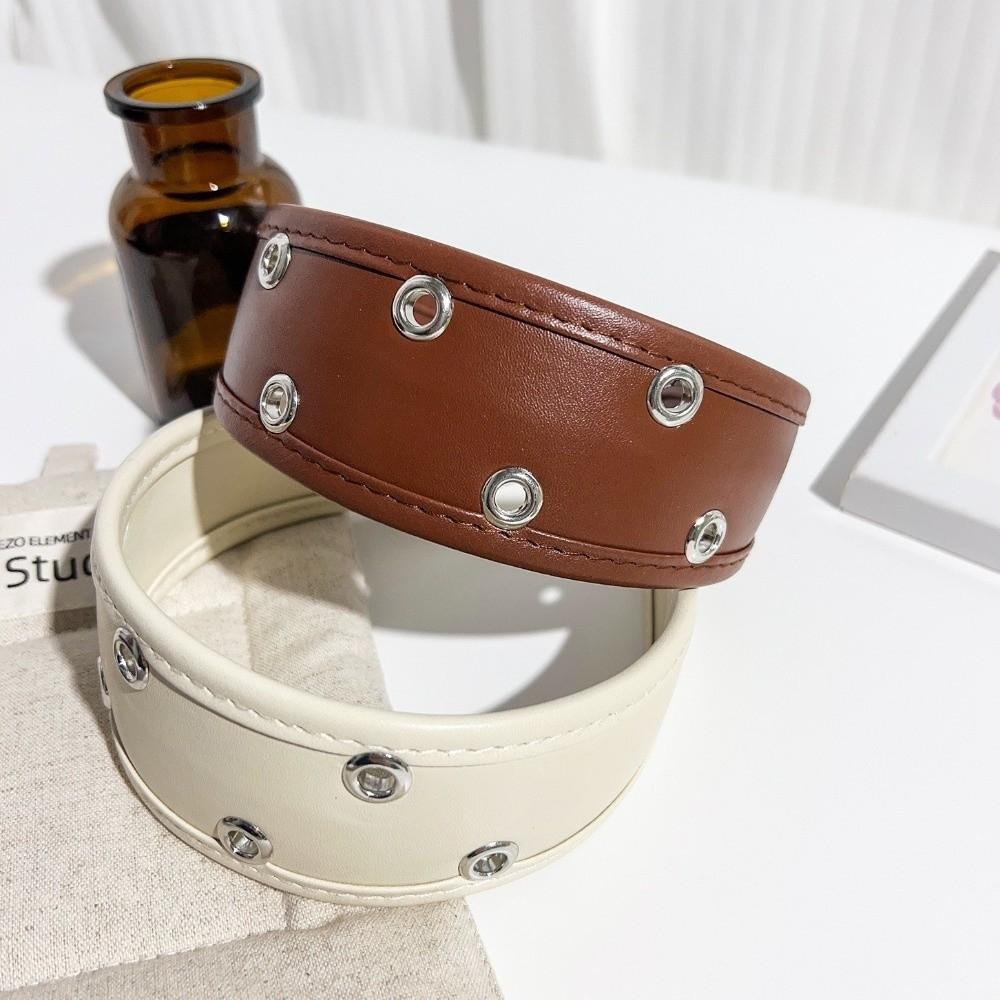 Punk Leather Headband Black and Red Wide Metal Rivets Headwear Versatile Hair Accessory Hollow Ring Hair Hoop Travel Shopping