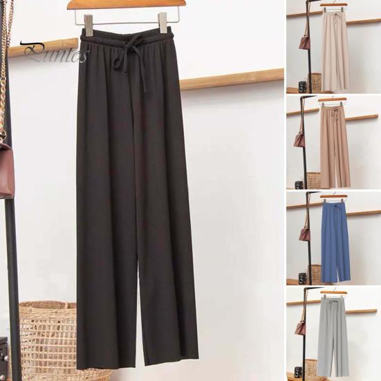 Женские брюки, эластичные повседневные брюки с высокой талией и регулируемым шнурком, однотонные свободные брюки с широкими штанинами, летние тонкие длинные брюки