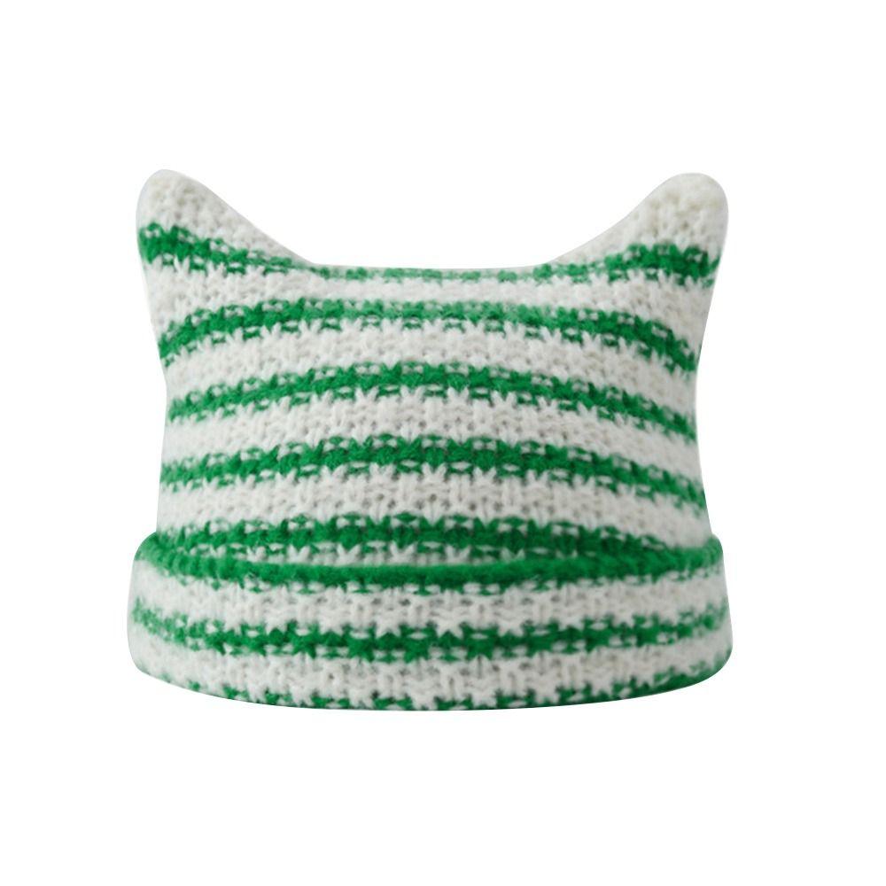 Winter Women's Hats Cute Cat Ears Knitted Wool Cap Japanese Beanie Hat Ins Little Devil Striped