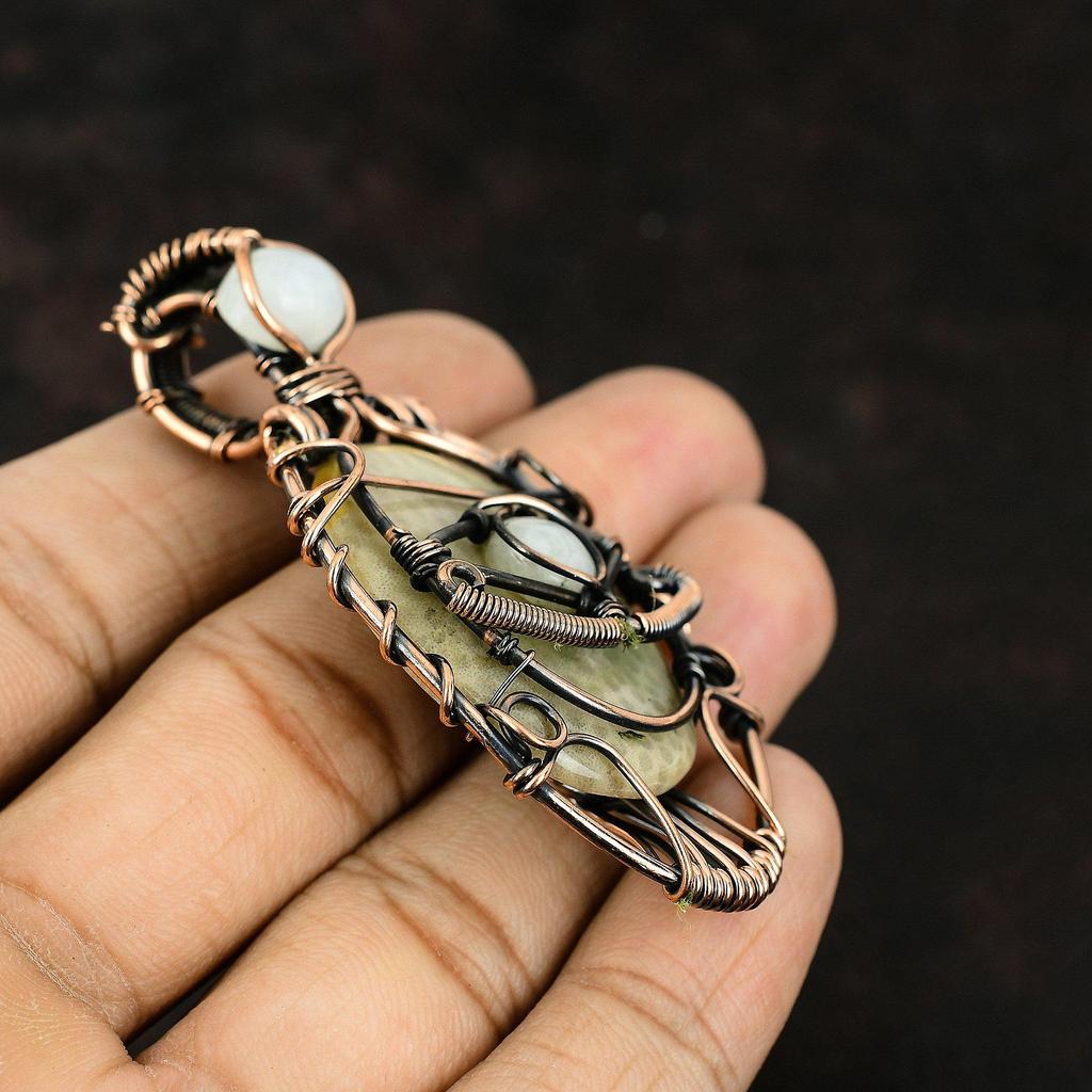 Подвеска из коралла с окаменелостью от сглаза, медная обертка, кулон ручной работы из радужного лунного камня, ювелирные изделия от сглаза, обернутые проволокой, подарок для нее