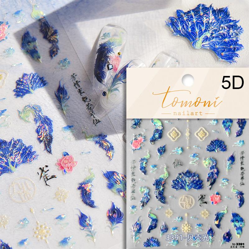 Chinese red-crowned crane nail stickers Xiangyun Phoenix 5D self-adhesive nail art stickers chic nail art decal accessorie