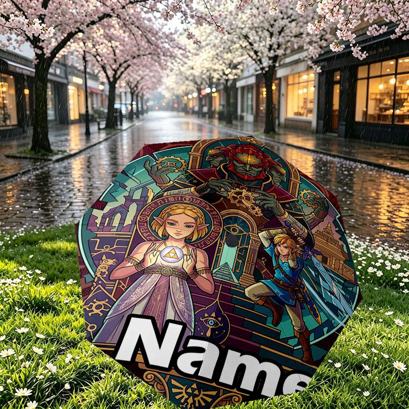Custom Name Personalized The Legend Of Zelda Print Umbrella, Auto Open Close, 8‑Rib Sturdy Frame, Commute Camping Hiking Use, Birthday Gift