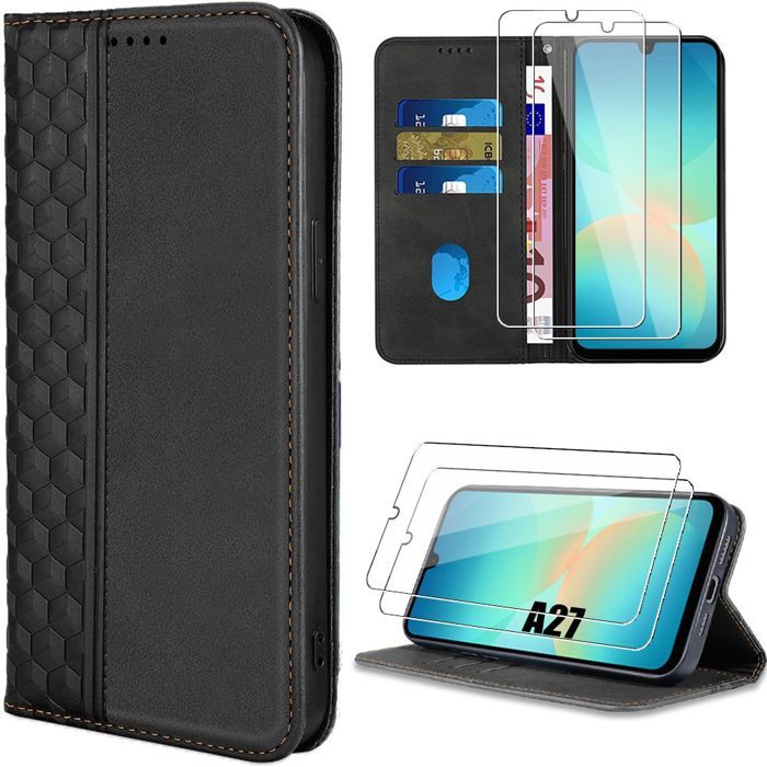 Coque + 2 Verres Trempés pour Samsung Galaxy A27 5G, Cuir PU Anti-Rayures Motif Mosaïque Noir