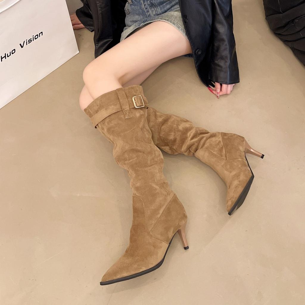 Pointed Thin Heel Thin Boots Women's 2025 Autumn and Winter Fashion Stacking Boots Belt Buckle High Heel Boots Thin Boots