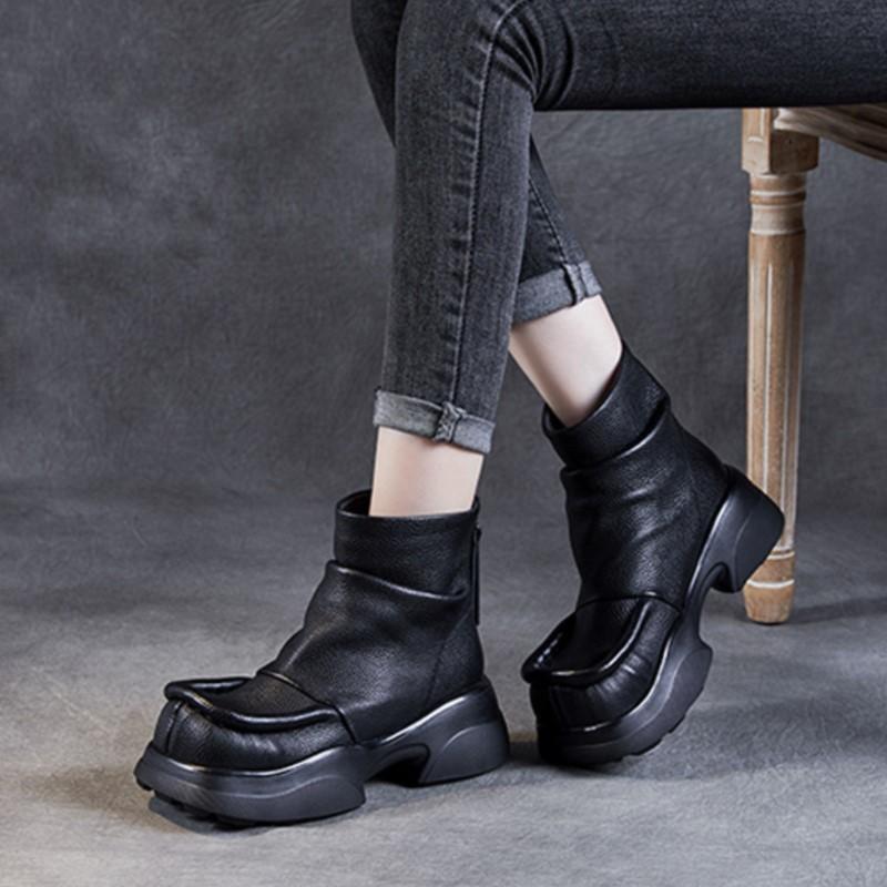Johnature Короткие ботинки из натуральной кожи на толстом каблуке и толстой подошве, женские туфли на платформе в стиле ретро с круглым носком, ботильоны
