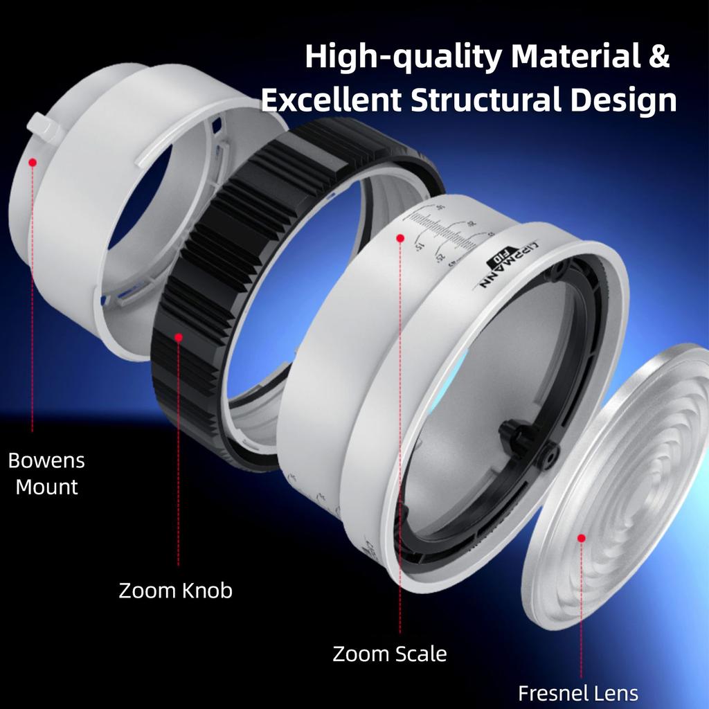 Линза Френеля для крепления Bowens 10 градусов 45 градусов Оптическая фокусировка в 10 раз ярче со съемными 4-лепестковыми шторками