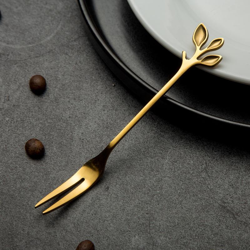 Набор ложек и вилок из нержавеющей стали Golden Leaf — маленькая кофейная, для помешивания, десертная ложка с креативной фруктовой вилкой