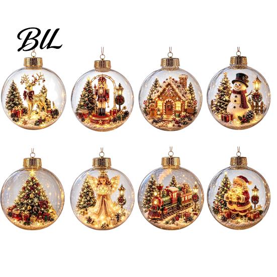 Christmas Gift Tags Clear Ball Ornaments, Acrylic Hanging Decoration with Gingerbread House Xmas Tree Decor Reindeer Santa Inside for Holiday