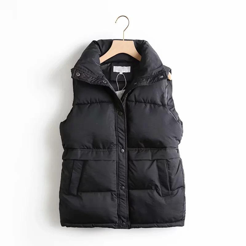 Fall Winter Women Cotton Liner Short Vest Parka Jacket Coat Turn-down Collar Preppy Style Zipper Pockets Drawstring Waist Sleeveless Solid M-5XL