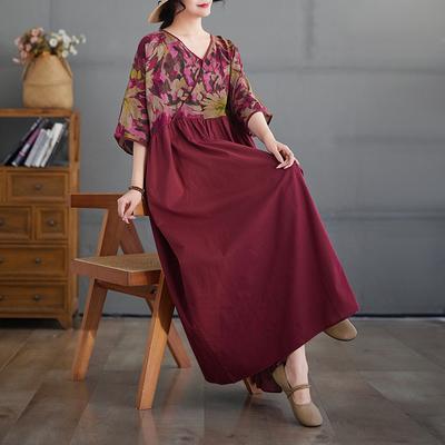 2025 Плюс Размер Летнее Платье Женское Цветочное Повседневное Винтажное Длинное Платье Свободный Принт Макси Базовое Красное Платье