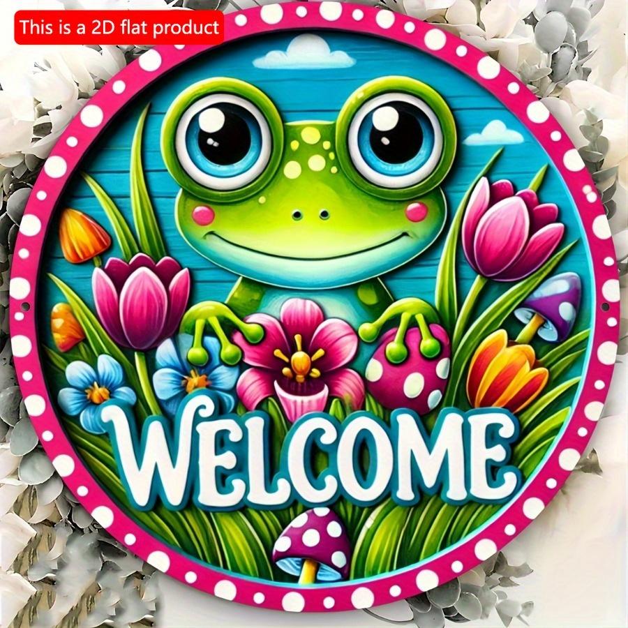 1 шт. 2d плоский деревянный знак - 20 см круглый приветственный знак с милой лягушкой и цветочной гирляндой для декора входной двери, металлический венок знак для домашнего сада