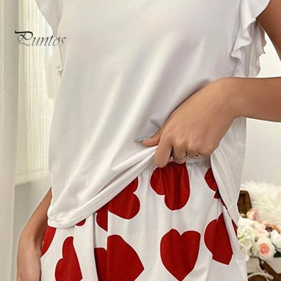 Women's Pajama Set Ruffle Cap Sleeve Top And Love Heart Printed Shorts Set Summer Casual 2 Piece Nightwear Lounge Set