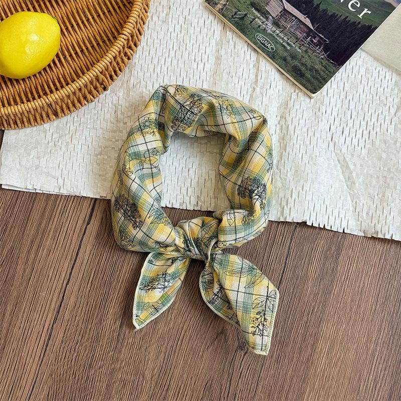Silk Scarf Neck Small Square Scarf New Fresh Yellow-green Pink-purple Plaid Scarf Headscarf Summer Pastoral Headband Tied Hair Streamer