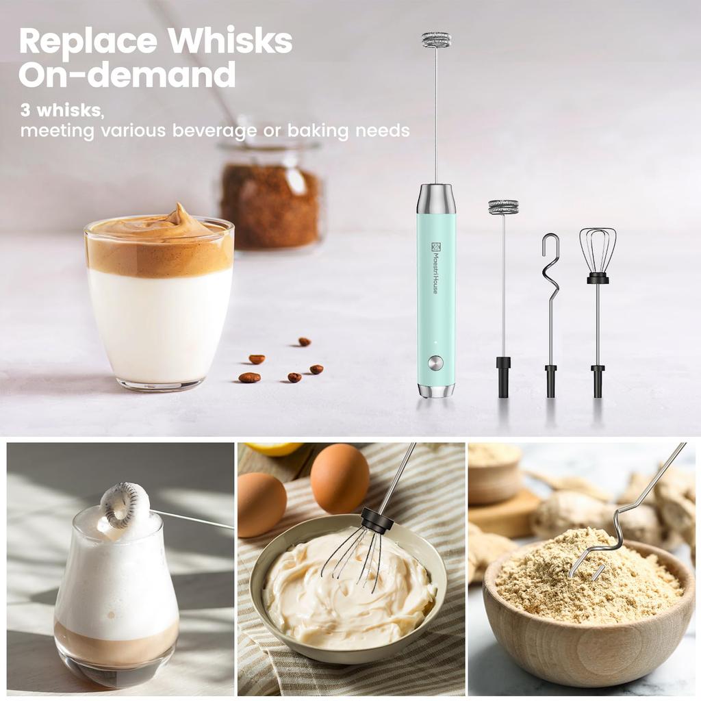 Maestri House Rechargeable Milk Frother, Electric Milk Frother, Waterproof, Powerful, One-Button, Japanese Instruction Manual (Blue)