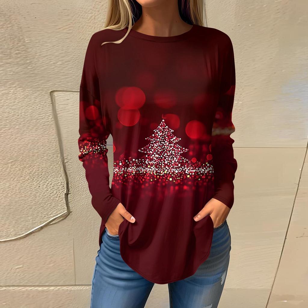 Футболки для женщин, повседневные рубашки с длинным рукавом, толстовка с винтажным графическим рождественским принтом, топ-пуловер