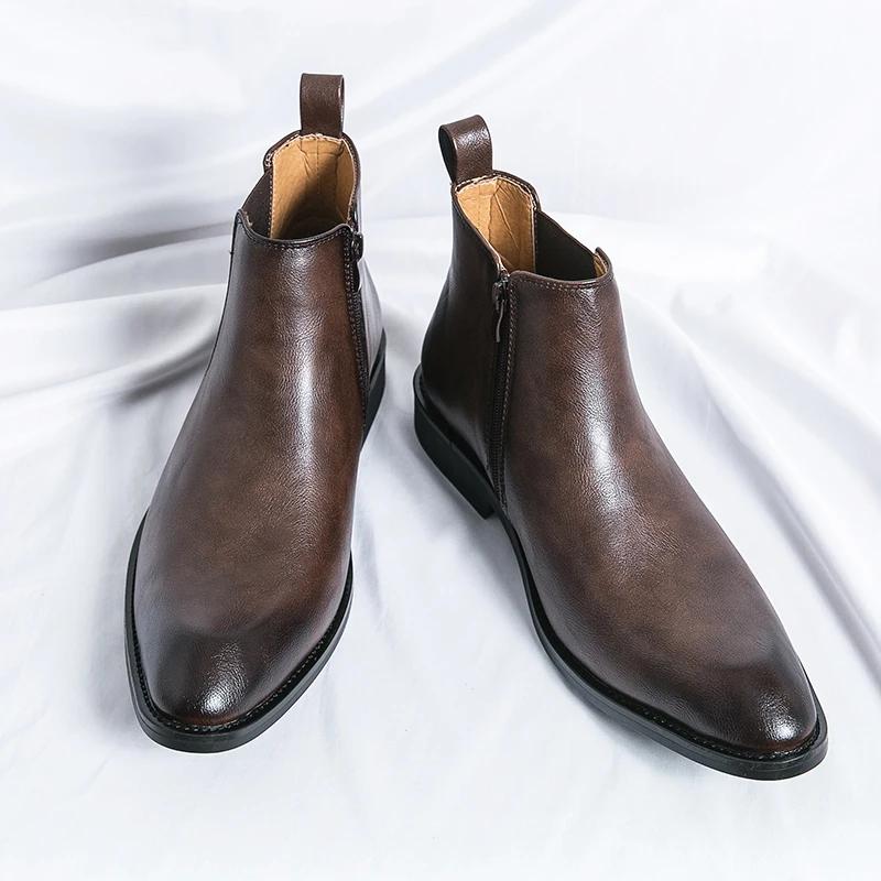 Luxury Brand Side Zipper Chelsea Boots Casual Dress Shoes Men's Formal Boots British Style High Top Leather Ankle Boots for Men