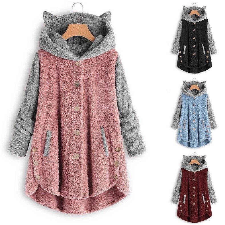 Cat Print Long Hoodies Sweatshirt Women Fleece Warm Button Pocket Pullovers Cat Ear Plus Size Hoodie Top Blouse Sweat Femme Plus Size