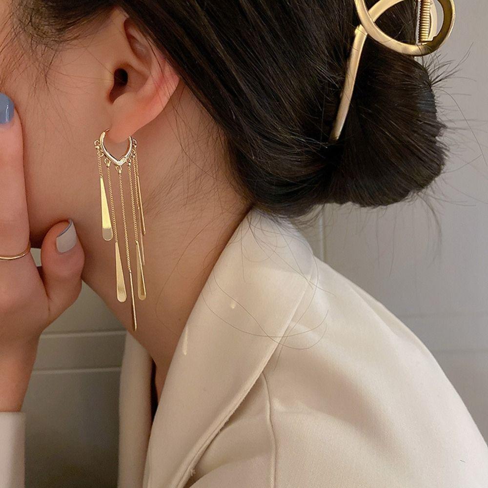 Bling Bling Metal Sequin Earrings Zinc Zinc Alloy Gold Earrings Temperament Long Tassel Dangle Earrings  Girl