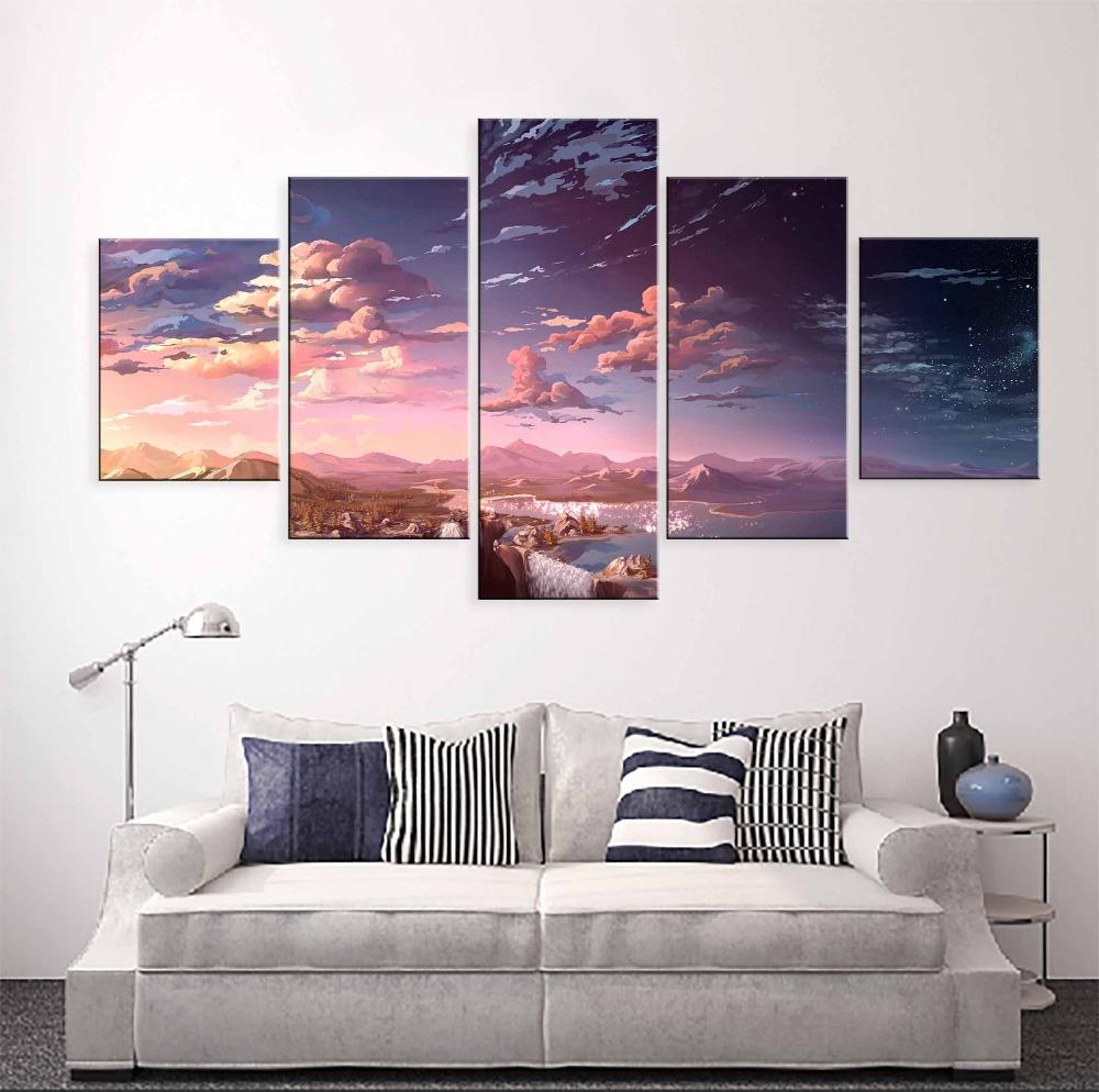 Wall Art Printed Pictures Home Decor 5 Pieces Anime Landscape Waterfall Cloud Painting Modular Living Room Cartoon Anime Canvas