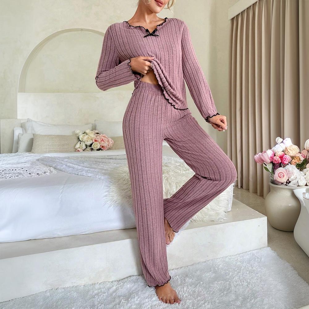 Женская пижама из 2 предметов, трикотажный костюм с длинными рукавами и V-образным вырезом, зимняя повседневная теплая ночная одежда для дома