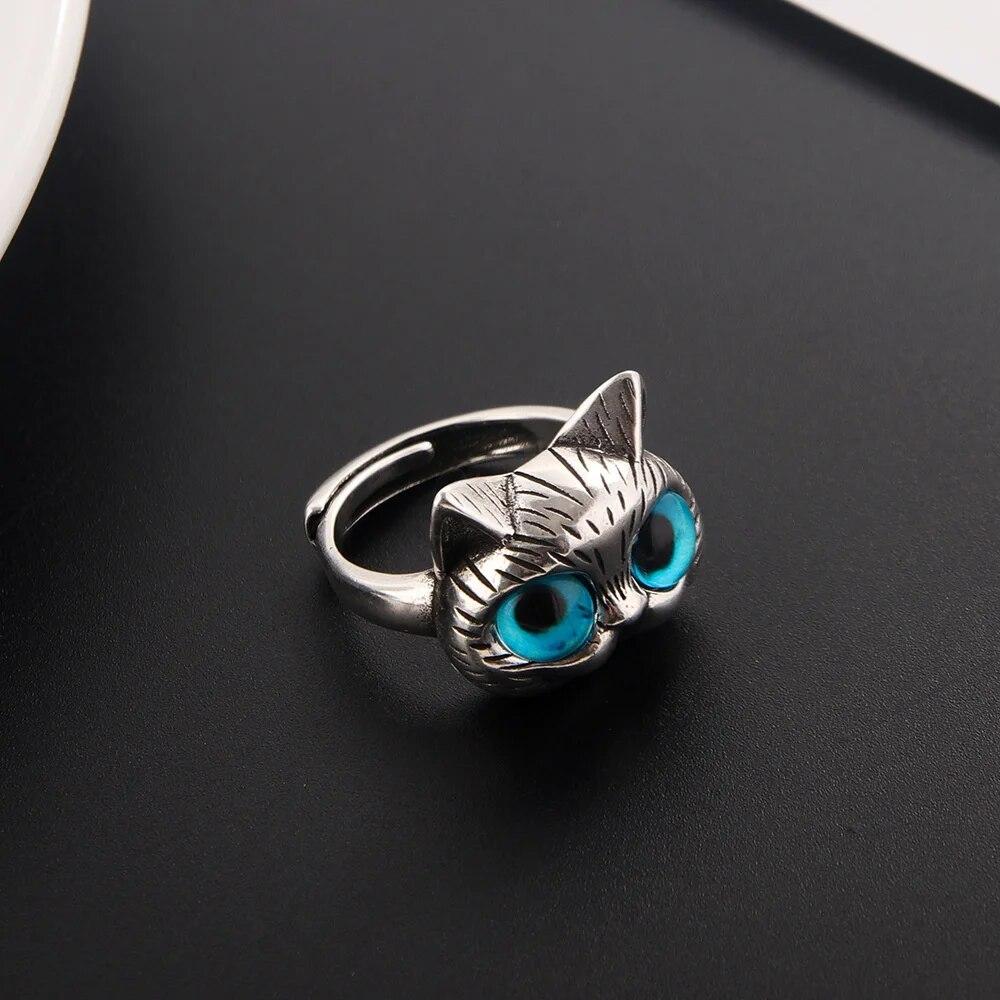 Fashion Silver Color Fat Cat Blue Eyes Cute Ring For Men Retro Blue Acrylic Couple Ring Women Party Jewelry Wholesale
