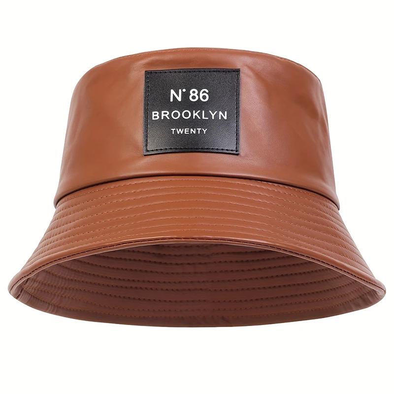Унисекс Brooklyn Leather Label Bucket Hat PU Leather Fisherman Hat Outdoor Travel Hat Sunscreen Hats for Men Women Bucket Hats