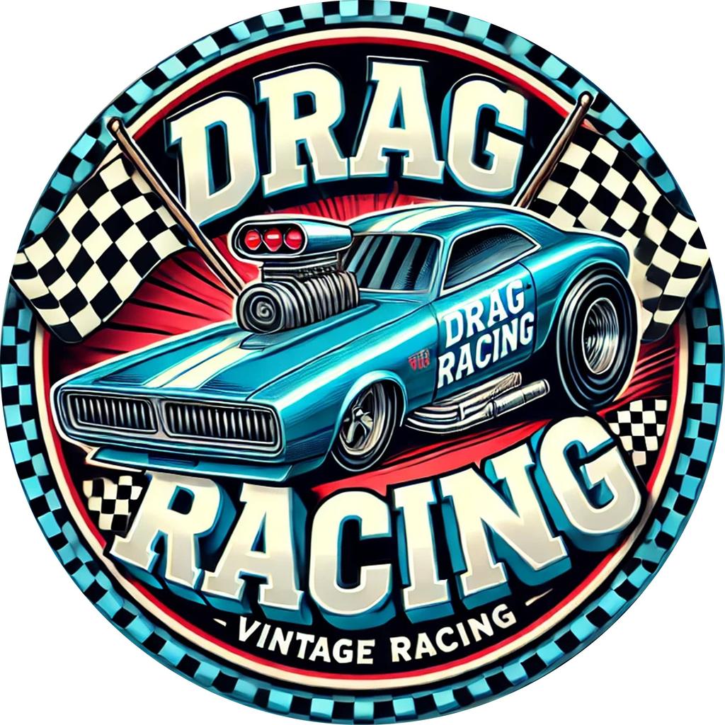D Flat pc VintageStyle Aluminum Circular Decorative Plaque Rustic Racing Car Design with Checkered Flag Bold
