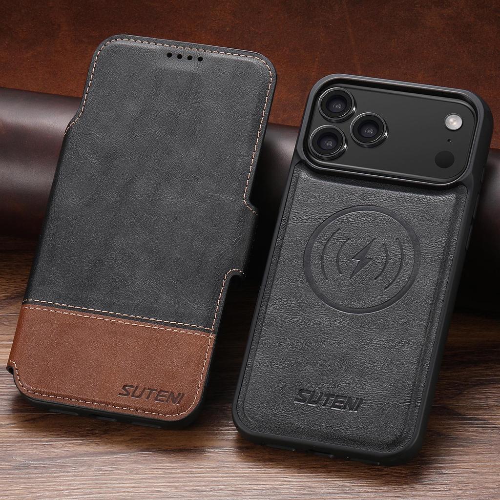 Чехол-книжка для iPhone 17 Pro Max: Слот для карт, Магнитная застежка, Подставка для беспроводной зарядки, Кожаный дизайн 2-в-1