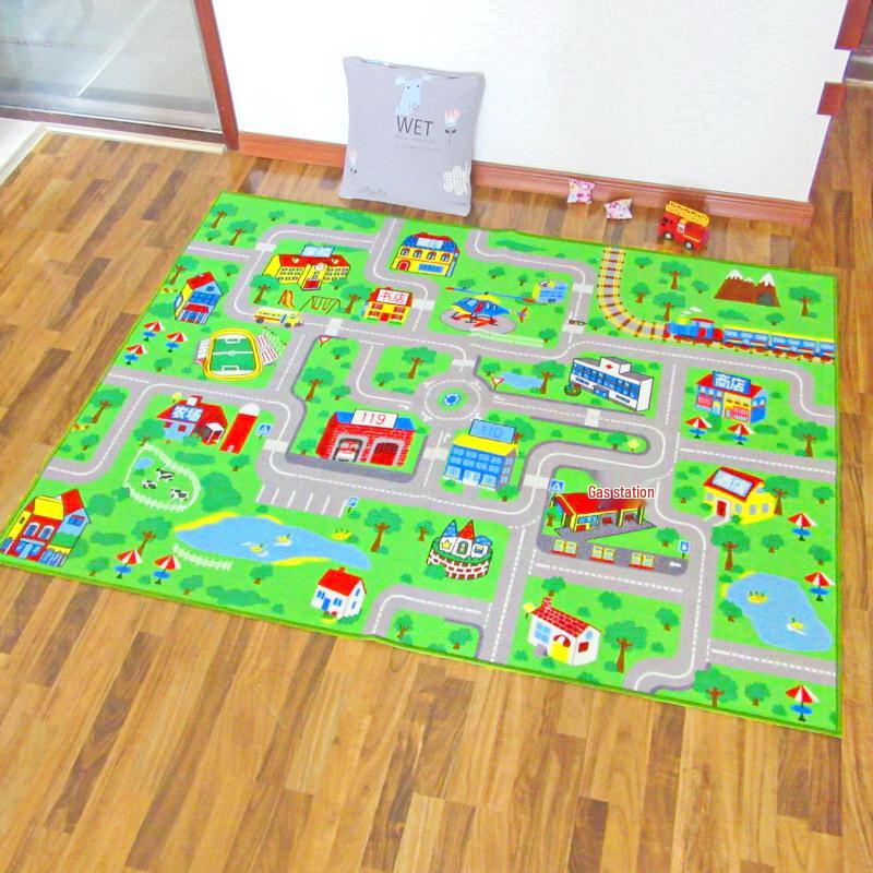 Children's City Road Play Mat - Machine Washable Traffic Game Rug for Crawling