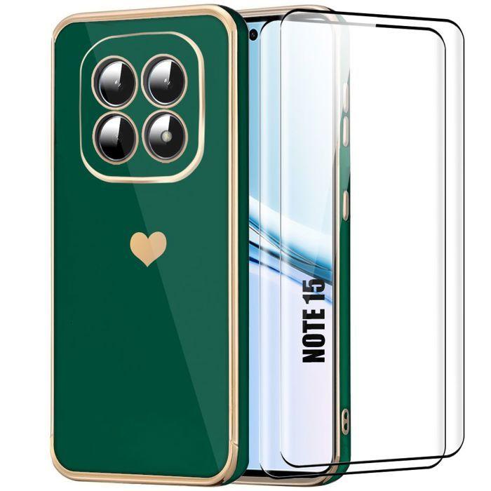 Coque Silicone pour Xiaomi Redmi Note 15 5G/4G, Motif Cœur - Vert Nuit - 2 Verres Trempés