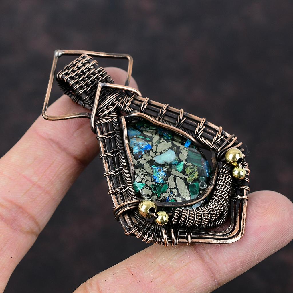 Медный кулон с азуритом и малахитом, обмотанный медной проволокой, ручная работа, медные украшения, кулон с натуральным драгоценным камнем, подарок для нее, украшения в технике wire wrap