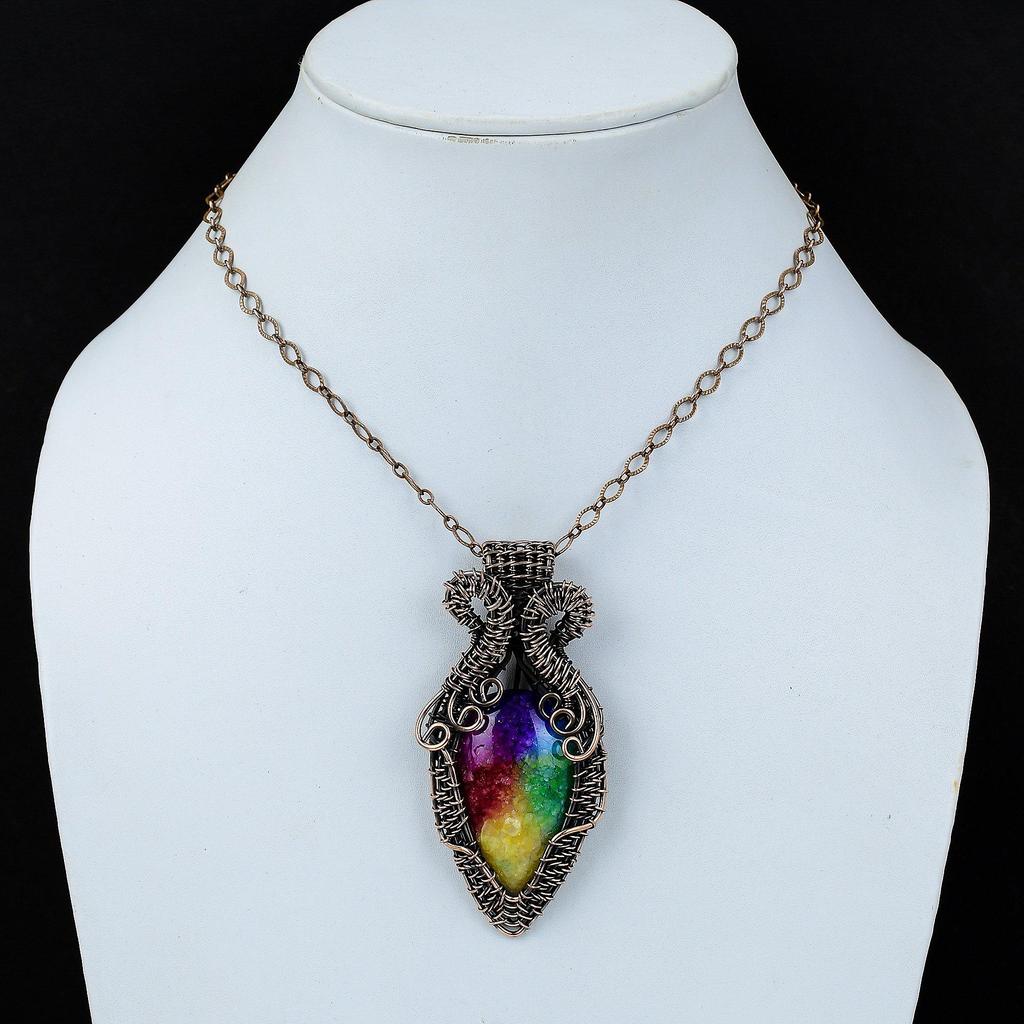 Радужный солнечный кварцевый драгоценный камень из чистой медной проволоки, завернутый в ювелирную подвеску ручной работы для подарка