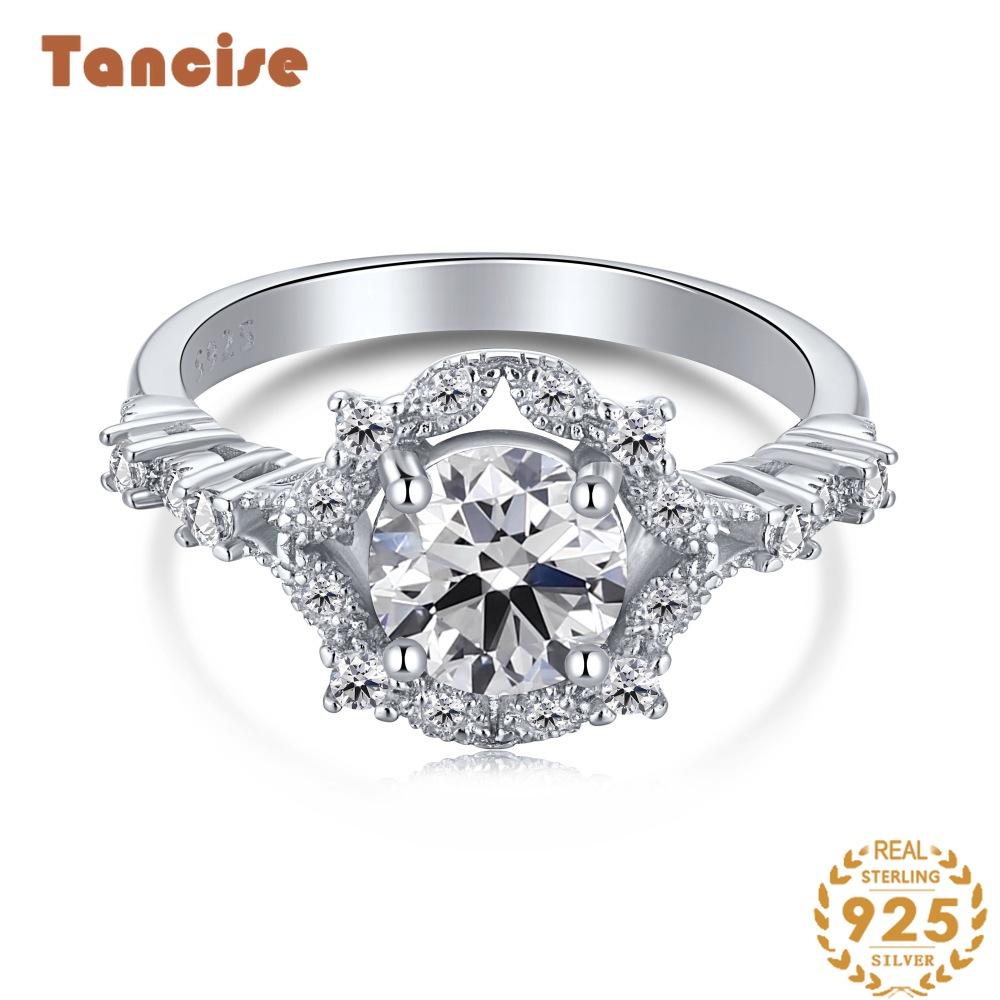 Tancise Women Classic 925 Sterling Silver  Zircon Ring Ladies Jewelry Wedding Promise Party Gift
