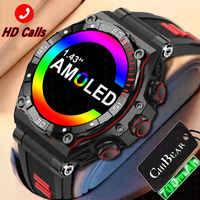 Умные часы для мужчин 1,43-дюймовый сенсорный экран Amoled, аккумулятор 700 мАч, сверхдлительный режим ожидания, водонепроницаемый Ip68, Bluetooth, умные часы для звонков