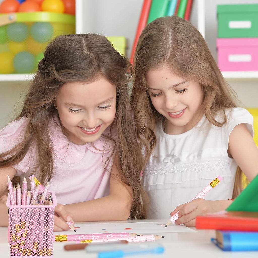 50Pcs Pink Bow Short Pencil with Eraser Trendy Bowknot Writing Pencil Wood Mini Pencils for School Classroom Office Stationery Supplies, 4 Inch