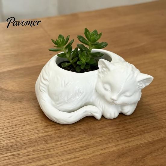 Рельефный Цветочный Горшок 3D Печатный Спящий Кот, Мини Настольный Горшок, Уникальное Украшение для Комнатного Сада, Декоративный Держатель для Суккулентов, Маленький