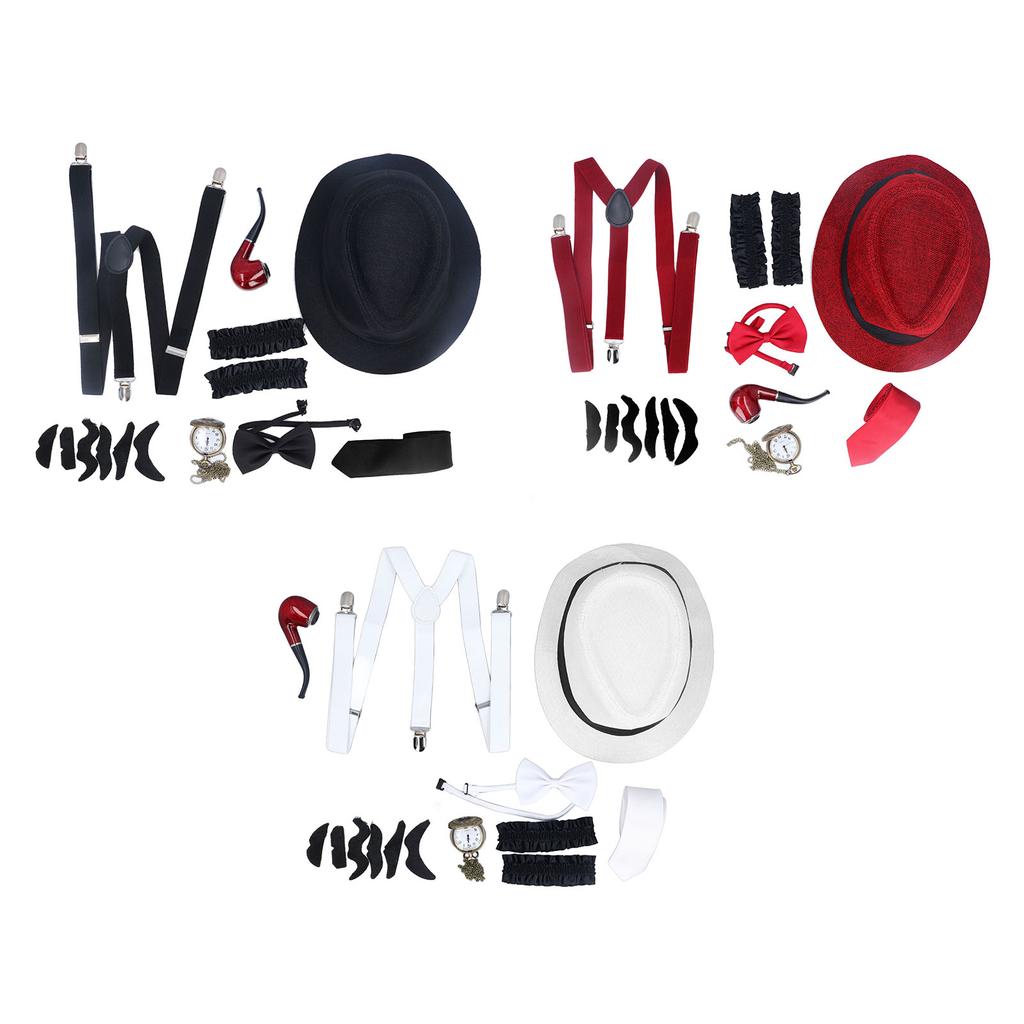 8 Pieces 1920s Grandpa Old Man Costumes Set with Suspenders Hat Watch Pipe Bow Tie Glasses Beard Kid