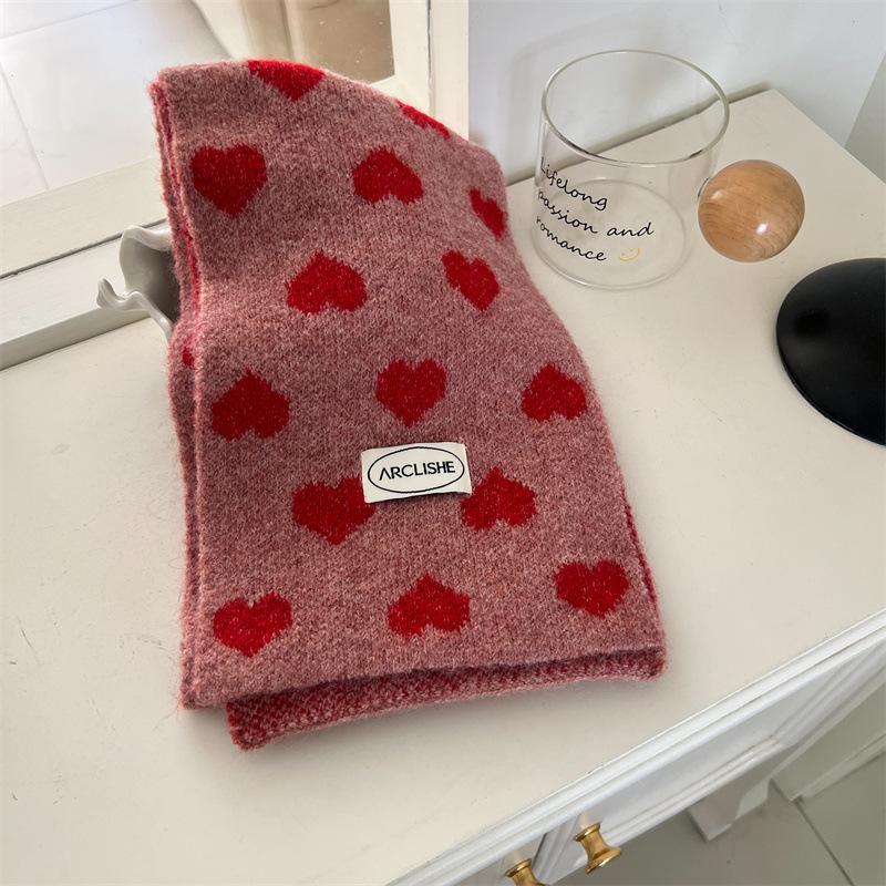 Korean Style Heart Knit Scarf for Girls Winter Warm Forest Neck Warmer Aesthetic Acrylic Wool Blend Fashion Cold Weather Scarf