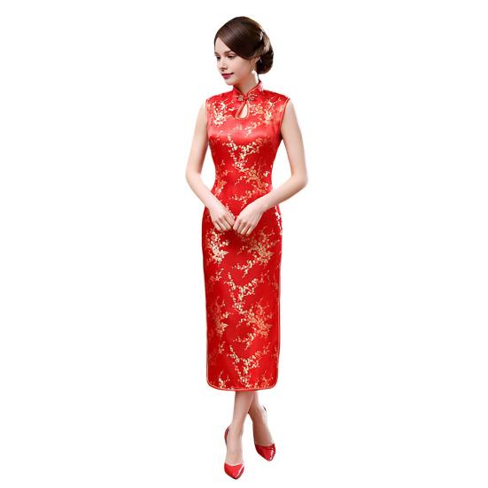 Women Summer Cheongsam Stand Collar Floral Print Hollow Out Split Hem Sleeveless Qipao Slim Fit Retro Chinese Style