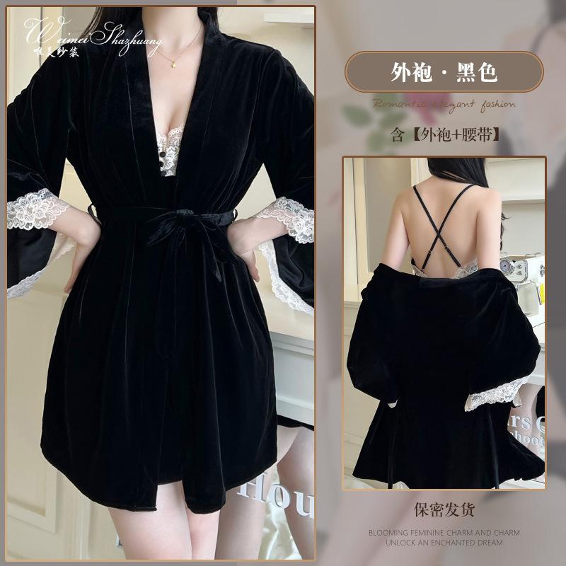 Sexy female autumn and winter new velvet slit suspender pure desire suspender nightgown set