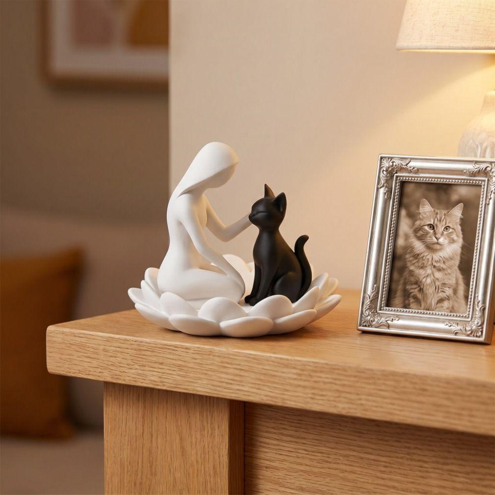 Creative Girl And Cat Statue 3D Printed Lotus Cat Sculpture Collection Desktop Ornaments Home