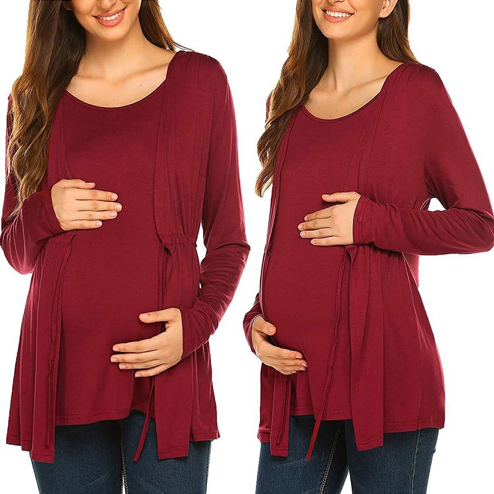 Женская футболка для беременных с длинным рукавом, двухслойная футболка для кормящих мам для грудного вскармливания