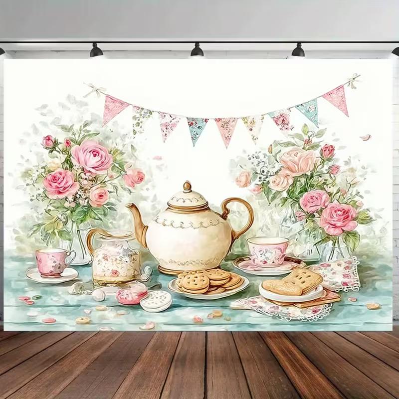 2D Vintage Teapot & Cookies Backdrop, Garden Party & Afternoon Tea Decoration