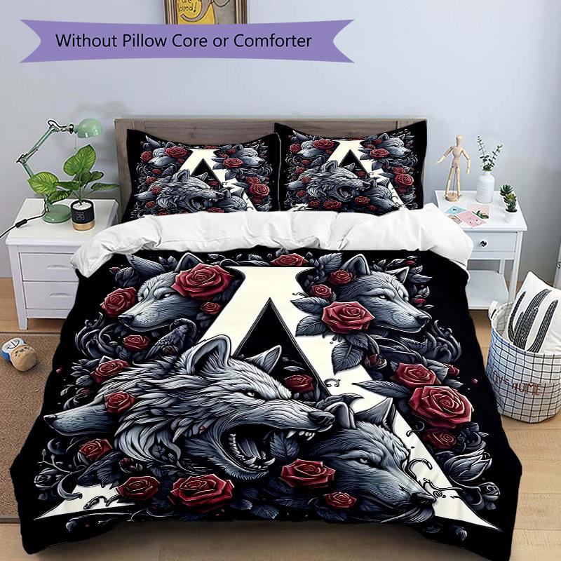 3pcs Wolf Pack Rose Crest Print Cover Set Ultra Soft, Breathable