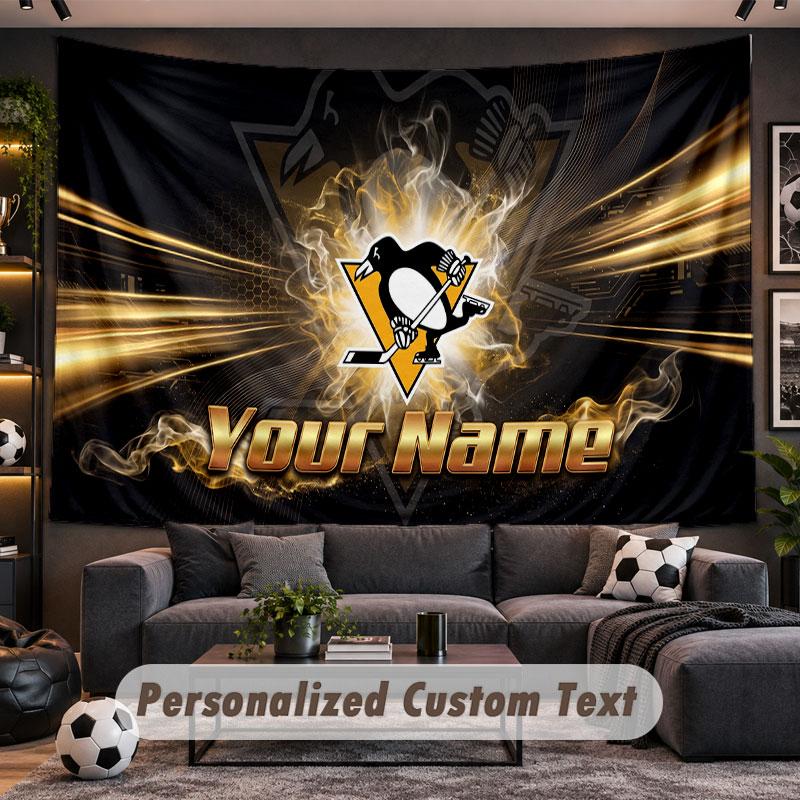 Wall Hanging Tapestry Custom NamePittsburgh Penguins Pattern Personalized Printed Fabric Wall Decor